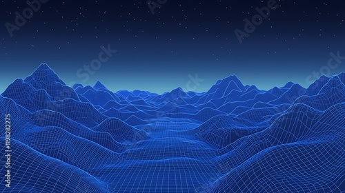 Abstract Blue Wireframe Mountain Range Under Night Sky