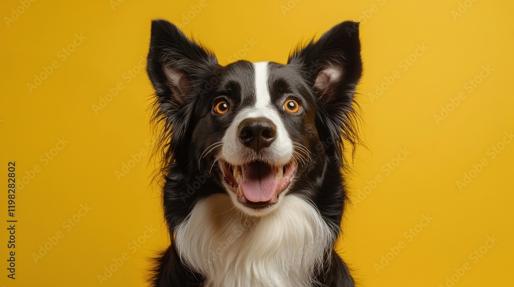 Fototapeta premium Happy Border Collie with a Bright Yellow Background