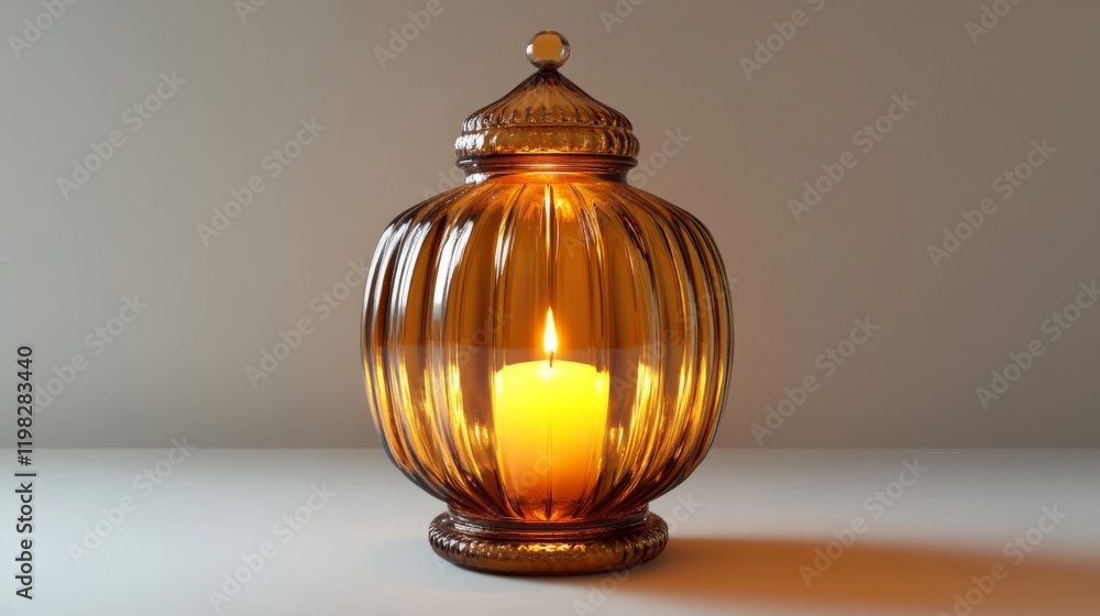 Amber Glass Candle Holder With Lit Candle Inside Amber Glass Candle Holder With Lit Candle Inside