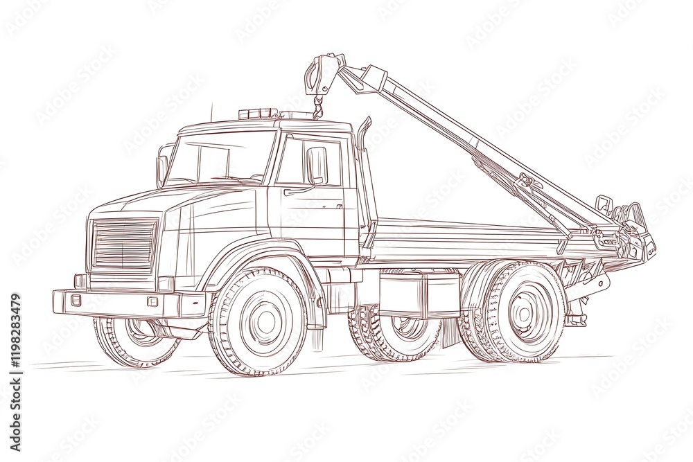 Naklejka premium Detailed Line Art: Boom Truck with Flatbed, Technical Illustration.