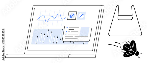 Laptop with graphs, data analysis windows. Shopping bag and fly indicate e-commerce issues. Ideal for online shopping, data analytics, bug fixing, tech support, market research, e-commerce