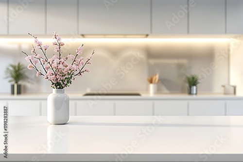 Blurred kitchen interior with luxury white tabletop, decors, copy space and montage product display photo