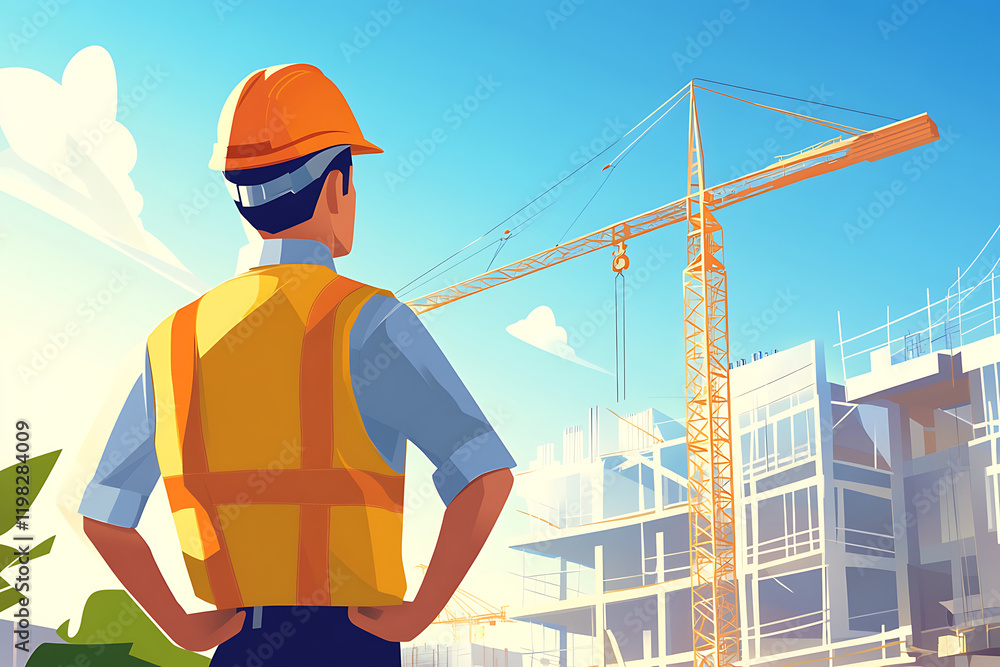 A construction worker observes a building site with a crane in a vibrant setting. A construction worker observes a building site with a crane in a vibrant setting.