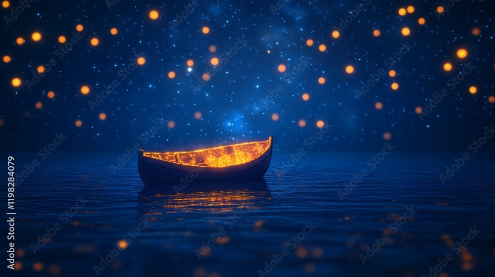 Glowing boat on dark blue water under a magical night sky. Glowing boat on dark blue water under a magical night sky.