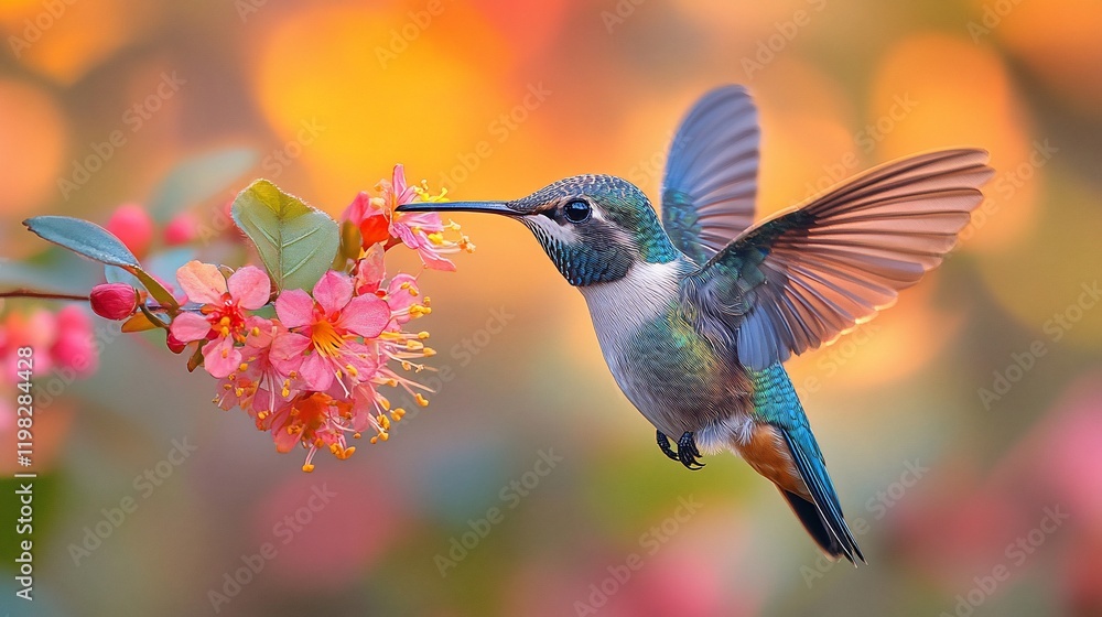 Fototapeta premium Hummingbird feeding on pink blossoms, garden sunset
