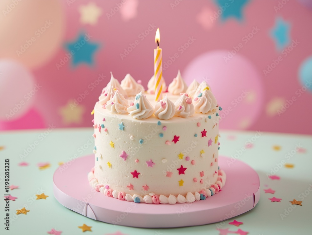 Small cake for first birthday celebration on soft pastel backdrop with stars Small cake for first birthday celebration on soft pastel backdrop with stars