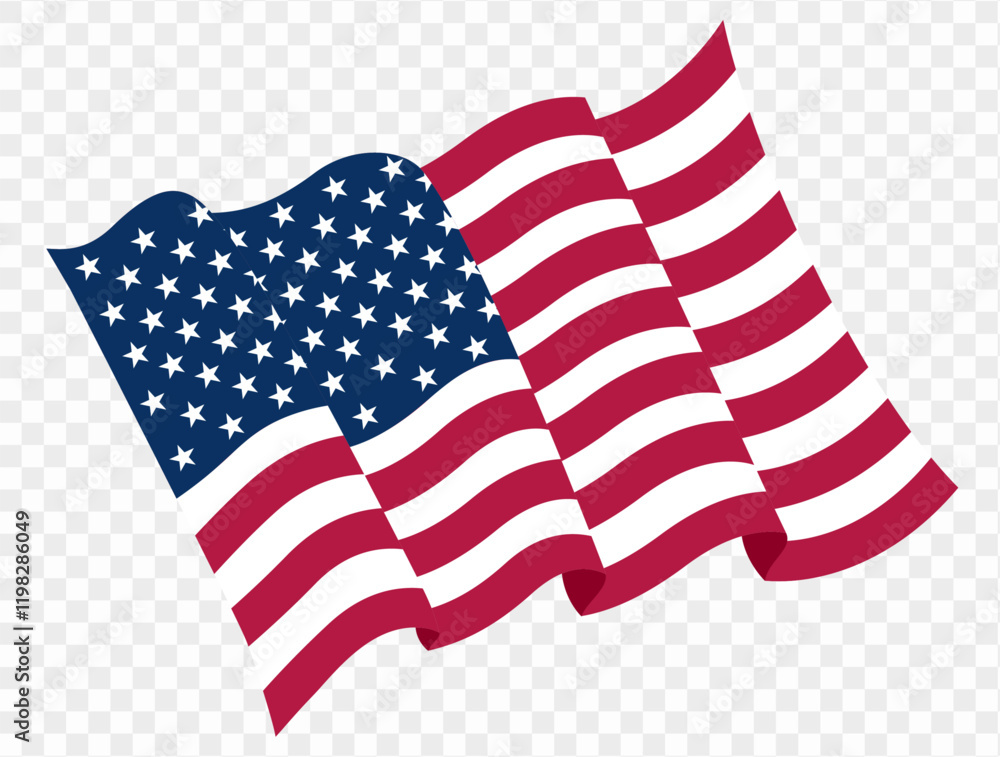 Obraz premium Waving USA flag isolated on transparent PNG background. Perfect for designs, high-quality vector image.