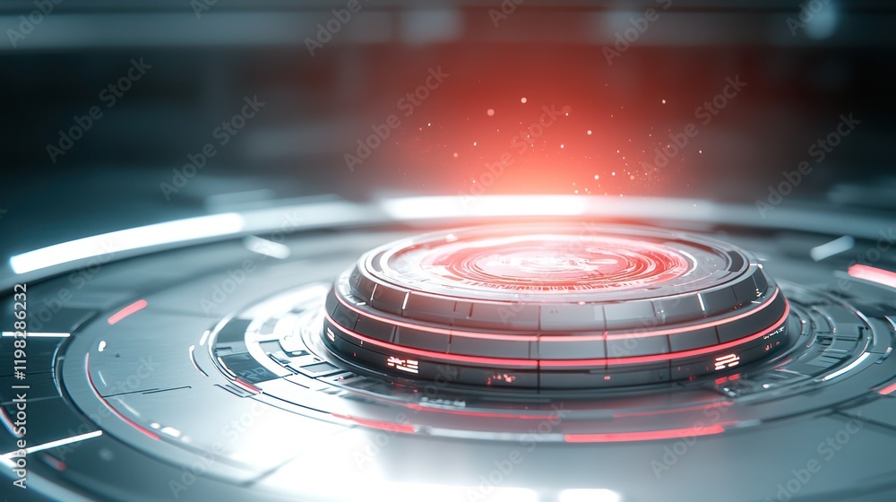 A futuristic, glowing circular interface with intricate designs, showcasing a central core emitting red light and surrounded by metallic elements. A futuristic, glowing circular interface with intricate designs, showcasing a central core emitting red light and surrounded by metallic elements.