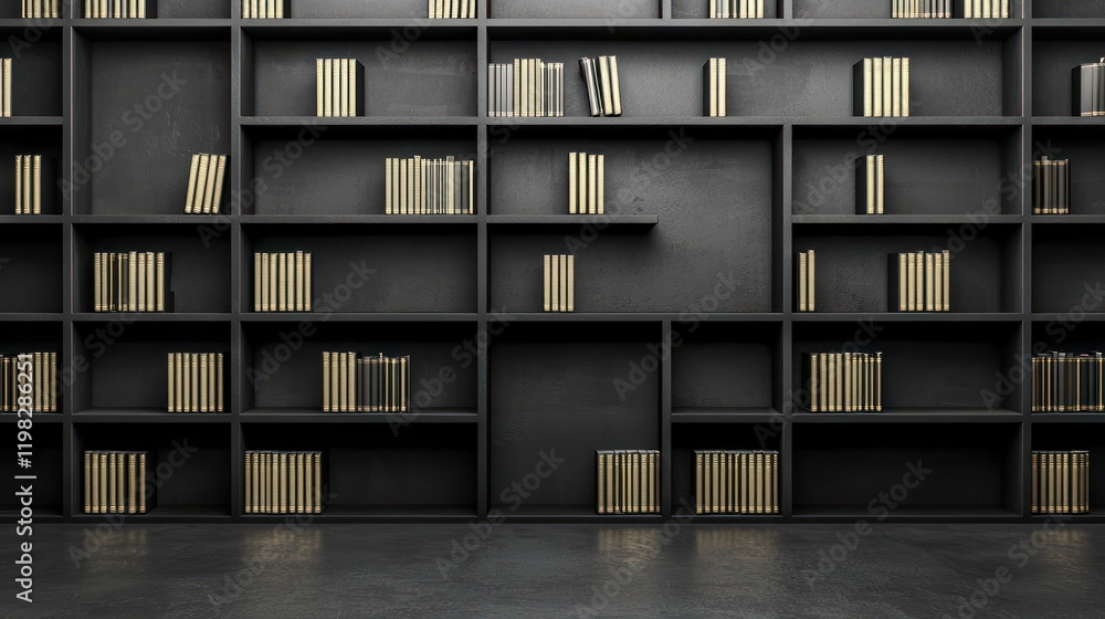 A modern black bookshelf with gold-accented books arranged in a minimalist style, showcasing elegance and sophistication. A modern black bookshelf with gold-accented books arranged in a minimalist style, showcasing elegance and sophistication.