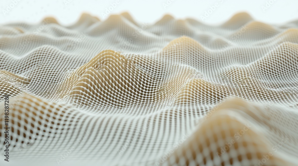 A 3D representation of undulating terrain, depicted with a mesh-like texture, creating a visually striking sense of depth and movement. A 3D representation of undulating terrain, depicted with a mesh-like texture, creating a visually striking sense of depth and movement.