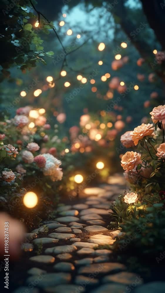 Enchanting Pathway Illuminated by Soft Lights and Beautiful Roses in a Magical Garden Setting Perfect for Nature Lovers and Photography Enthusiasts Enchanting Pathway Illuminated by Soft Lights and Beautiful Roses in a Magical Garden Setting Perfect for Nature Lovers and Photography Enthusiasts