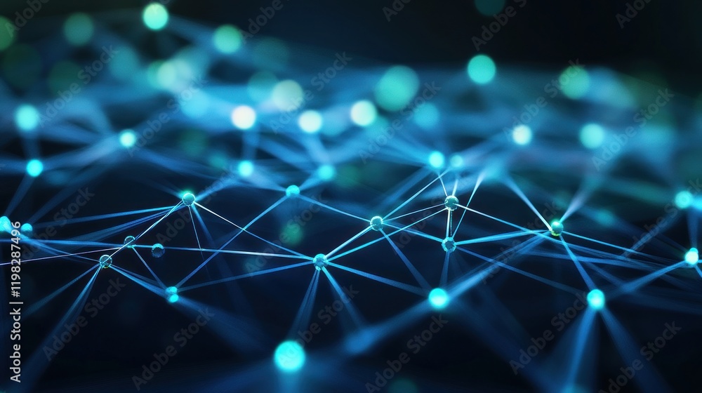 Abstract Network Connection: Digital Nodes and Lines Intertwined, Glowing Blue and Teal Lights in a Dark Background, Representing Global Connectivity and Data Flow Abstract Network Connection: Digital Nodes and Lines Intertwined, Glowing Blue and Teal Lights in a Dark Background, Representing Global Connectivity and Data Flow