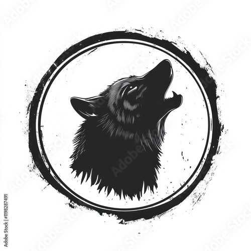 Black wolf head howling, circle frame, isolated, graphic, design element, for logo or branding photo