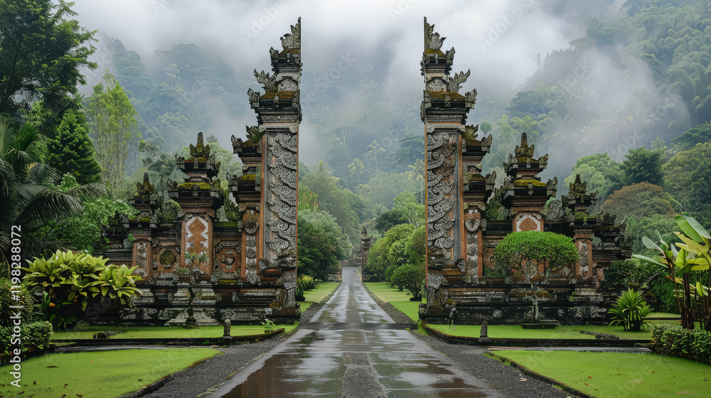 Large archway with a path leading through it. The archway is decorated with statues and the path is paved. The scene is set in a lush green forest Large archway with a path leading through it. The archway is decorated with statues and the path is paved. The scene is set in a lush green forest