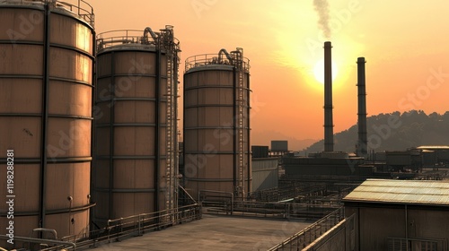 Industrial Facility at Sunset with Silos and Smoke Stacks Surrounded by Hills, Showcasing Manufacturing Environment and Atmospheric Conditions photo