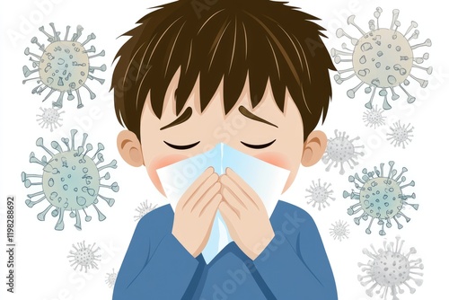 Cold symptoms display: sick individual, tissue use, virus prevention, protective mask, sneezing action, illness indication, respiratory care, germ spread, personal hygiene focus, seasonal ailment. photo