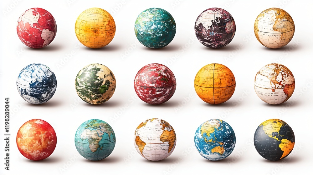 Collection of miniature globes showing various world maps and designs. Collection of miniature globes showing various world maps and designs.