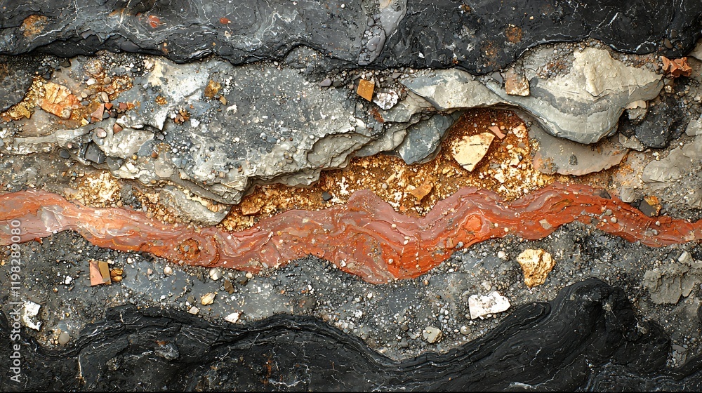 Close-up of layered sedimentary rock strata with varying colors and textures, showing geological formations and mineral deposits. Close-up of layered sedimentary rock strata with varying colors and textures, showing geological formations and mineral deposits.