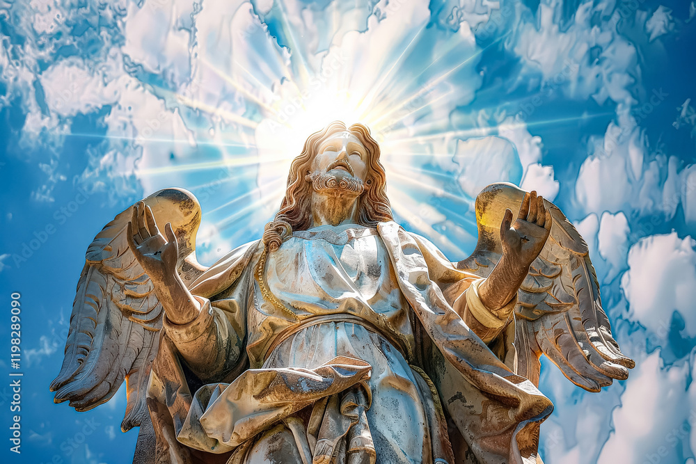 Fototapeta premium Statue of Jesus holding a cross and an angel is standing behind him. The sun is shining on the statue, creating a bright and uplifting atmosphere