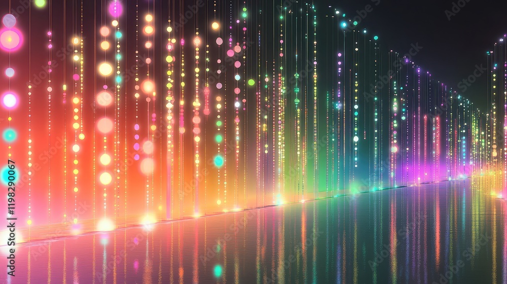 Abstract digital background with floating light dots and holographic trails on a clean and dark gradient surface. Abstract digital background with floating light dots and holographic trails on a clean and dark gradient surface.