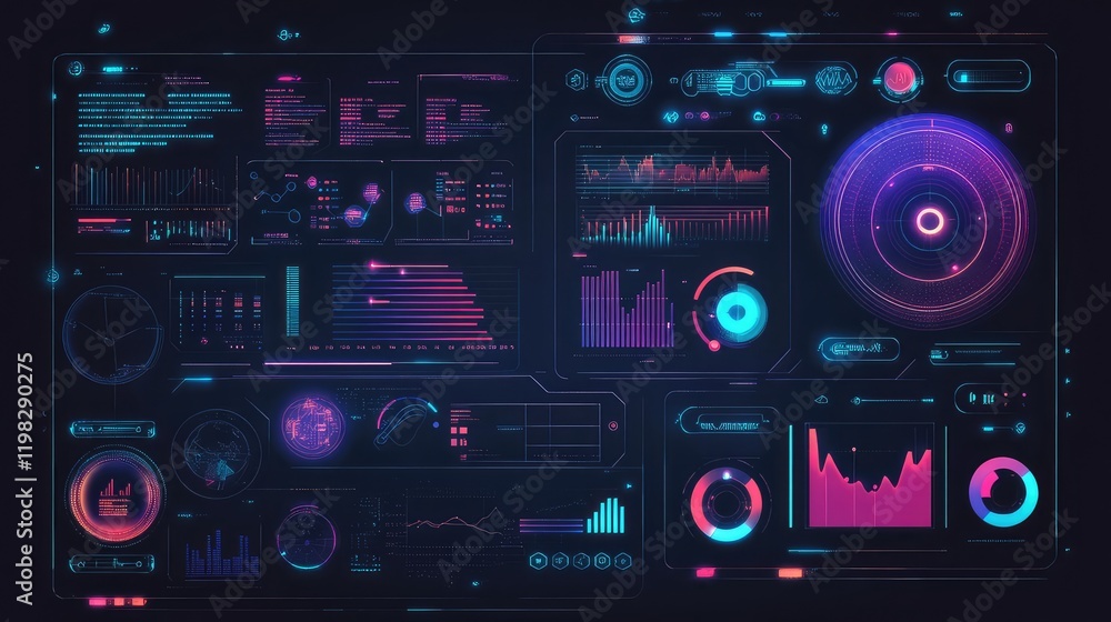 Abstract futuristic interface with digital grids, holographic elements, and glowing circular patterns in a dark theme.