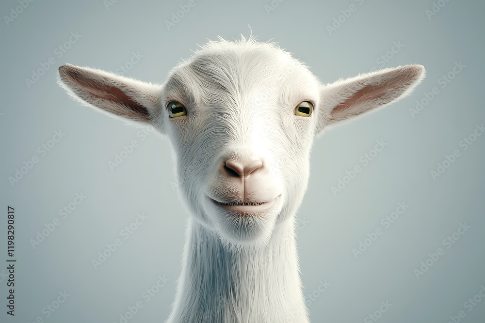 Fototapeta premium A close-up of a smiling white goat against a soft background.