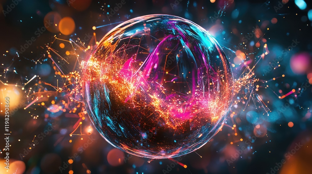 Obraz premium Abstract holographic globe surrounded by glowing data streams and digital connections, symbolizing the interconnected future.