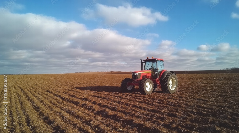 Obraz premium Red tractor working on a plowed agricultural field under a blue sky in rural landscape. Generative AI