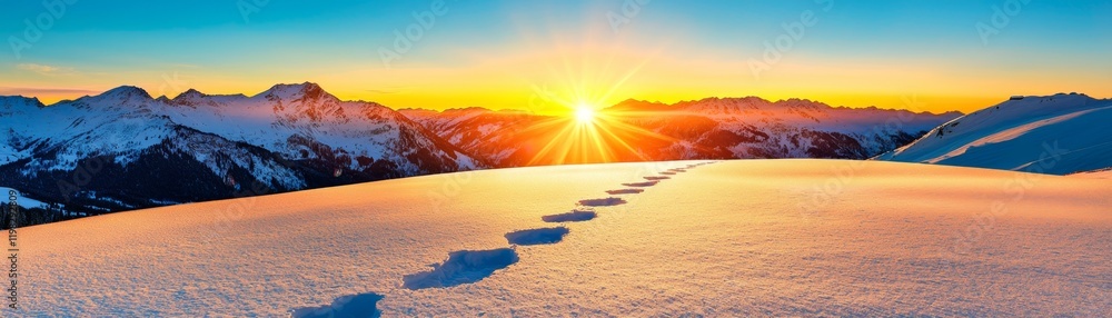 Fototapeta premium Glowing Footprints Trail Against Snowy Landscape at Sunrise