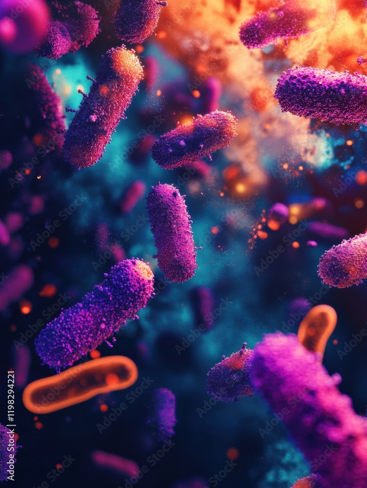 Fototapeta premium Exploring the intricate interaction of antibiotics and bacteria under a microscope in a vibrant abstract view. Generative AI