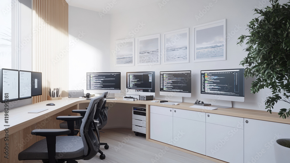 Modern office workspace with multiple monitors and coding setup Modern office workspace with multiple monitors and coding setup