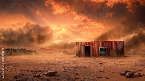Remote Desert Outpost Surrounded by Scavenged Metal Structures at Sunset, Evoking a Sense of Isolation and Survival in a Harsh Landscape