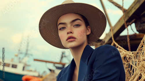 model in a tailored navy blazer and wide-brimmed hat, posing on a wooden pier  photo