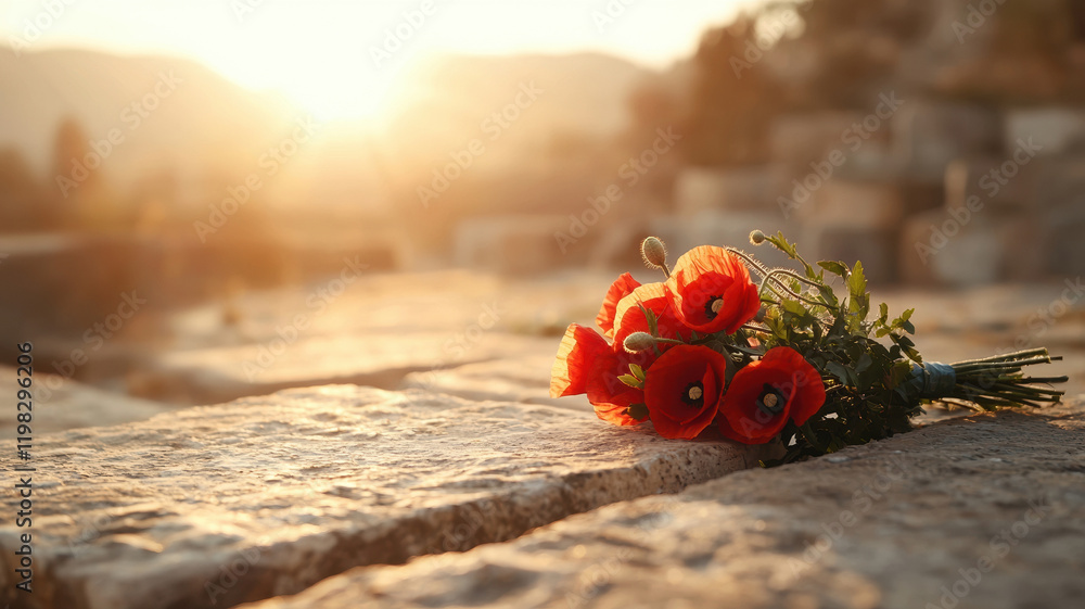 bouquet of red poppies resting on ancient stones at sunset bouquet of red poppies resting on ancient stones at sunset