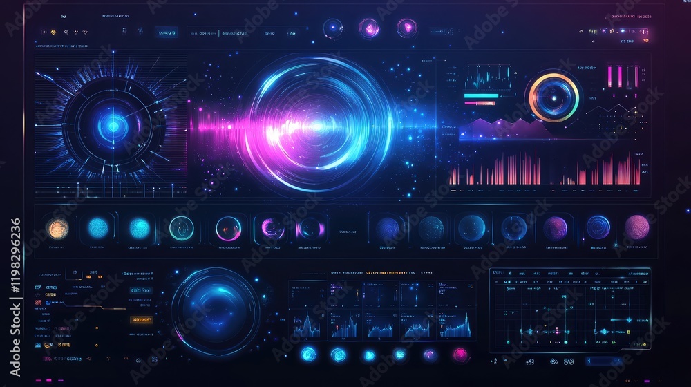 Minimalist glowing interface with floating digital grids, interactive holographic panels, and particle effects. Minimalist glowing interface with floating digital grids, interactive holographic panels, and particle effects.