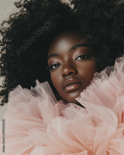 A woman with voluminous, curly hair styled in an updo, wearing a delicate pink tulle dress
