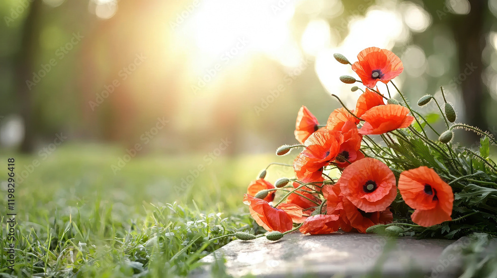 Obraz premium bouquet of vibrant red poppies resting on green grass, illuminated by sunlight
