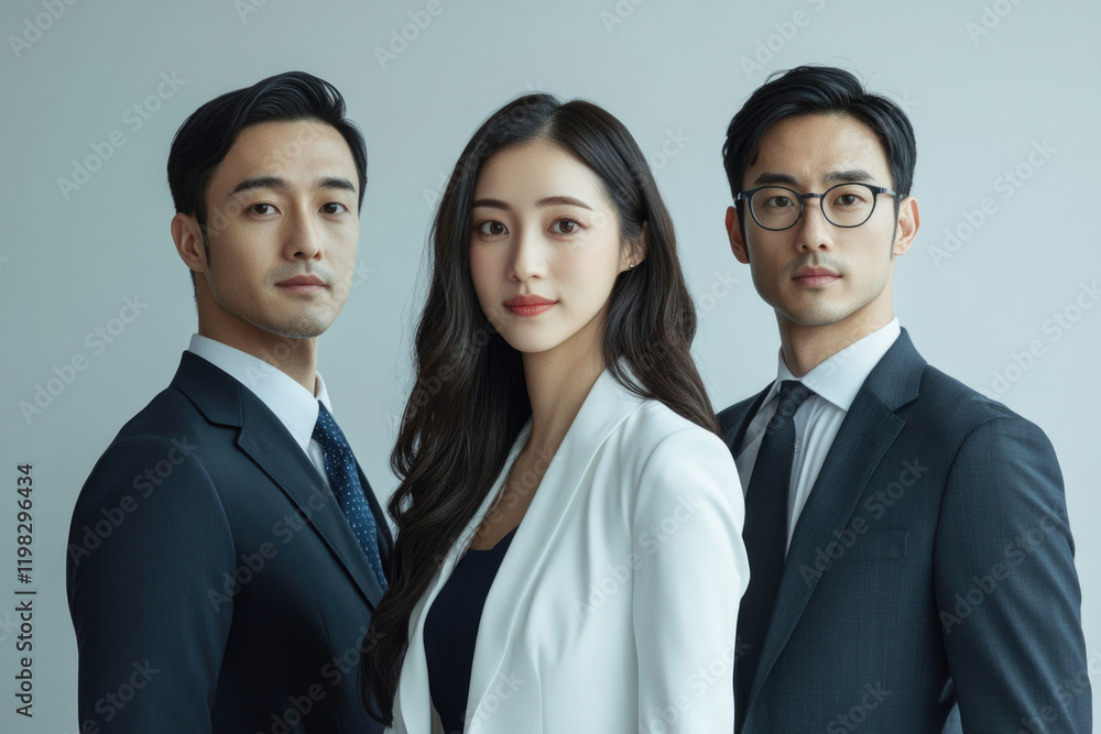 Three young Asian professionals, two men in suits and a woman in a white blazer, stand confidently together. Three young Asian professionals, two men in suits and a woman in a white blazer, stand confidently together.