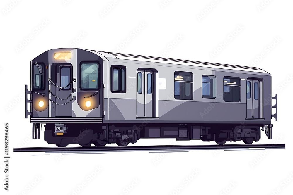 MTA R142 Subway Car Illustration: Sleek Silver Design on Tracks MTA R142 Subway Car Illustration: Sleek Silver Design on Tracks