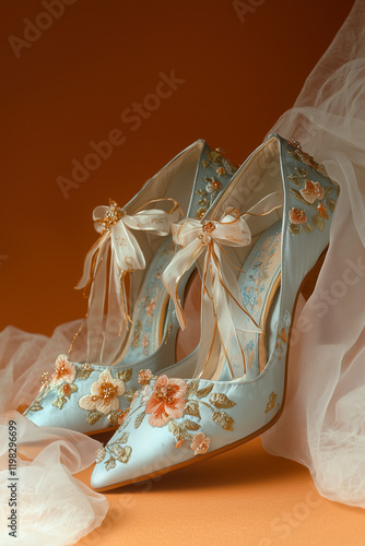 light blue, floral-patterned high heels with white ribbons 