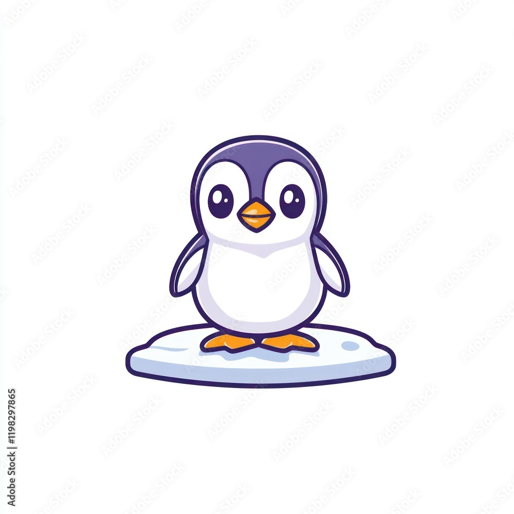 Obraz premium Cute penguin standing on a small ice floe, on white backdrop, for children's book