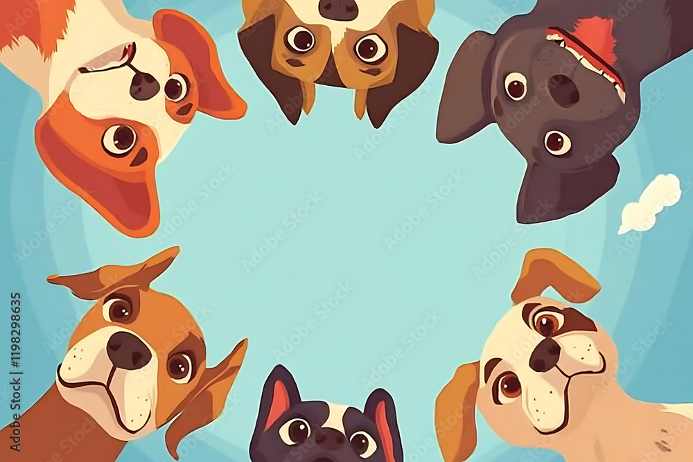 A playful circle of cartoon dogs looking up at the viewer against a blue background. A playful circle of cartoon dogs looking up at the viewer against a blue background.