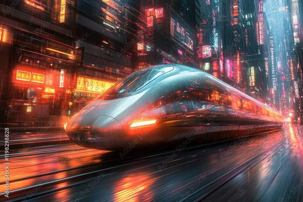 Obraz premium High-speed train hurtles through a rain-soaked cyberpunk city at night, neon lights reflecting on its sleek surface.