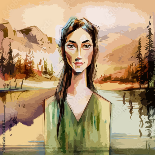 Beautiful Stylized Watercolor Portrait of a Woman in a Serene Mountain Lake Landscape