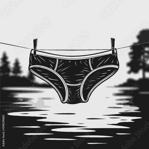 Vintage Black and White Swimwear and Underwear Illustration on Clothesline by Shoreline - Eco-friendly Fashion Art