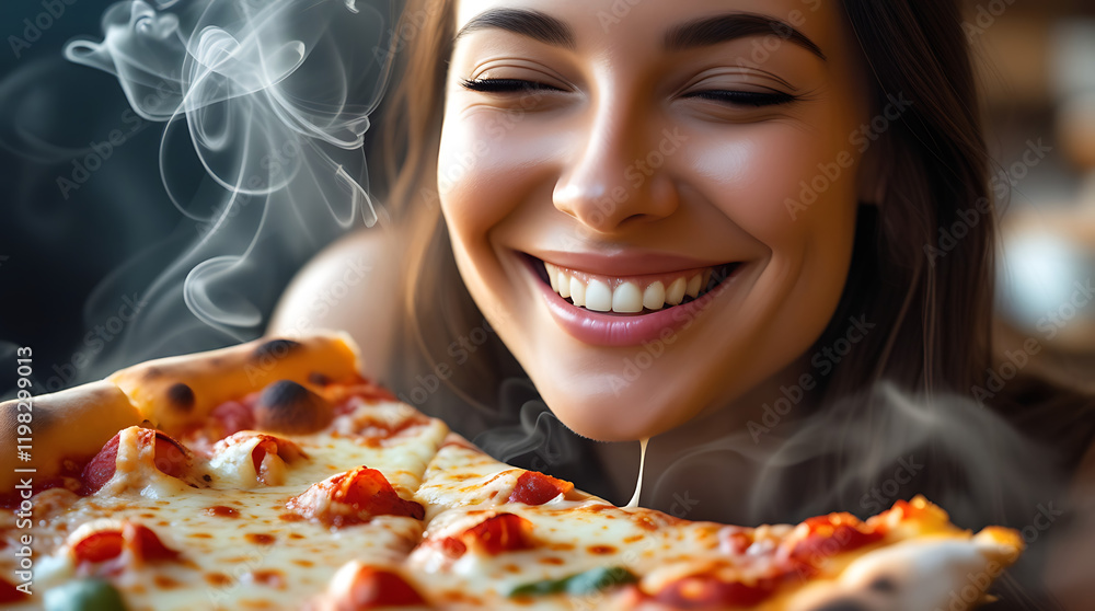 A joyful woman savoring a perfectly cheesy slice of pizza, her radiant smile enhanced by a warm glowing light as steam gently rises, creating a cozy and inviting scene. AI-generated A joyful woman savoring a perfectly cheesy slice of pizza, her radiant smile enhanced by a warm glowing light as steam gently rises, creating a cozy and inviting scene. AI-generated