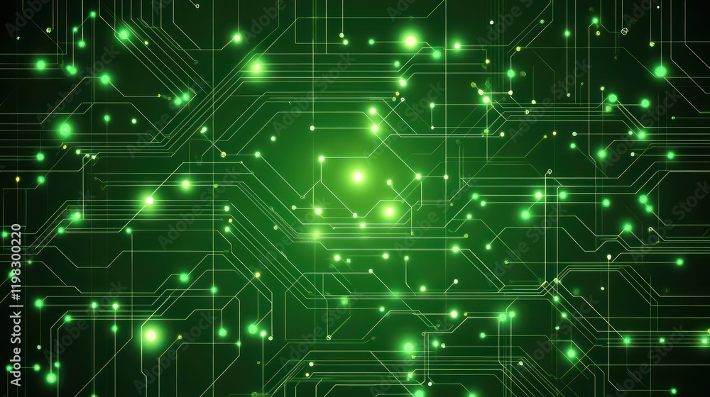 Fototapeta premium Abstract Green Circuit Board Background: Technological Innovation and Digital Networks