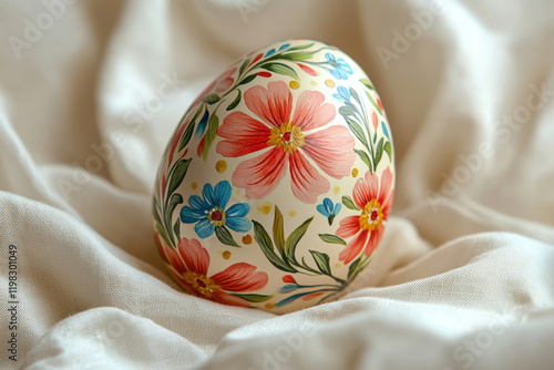 Hand-painted Easter egg adorned with vibrant floral patterns, showcasing intricate details and delicate brushstrokes. photo