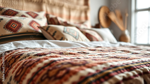 Bohemian Bedroom Decor: Cozy Bed with Ethnic Textiles and Geometric Patterns photo