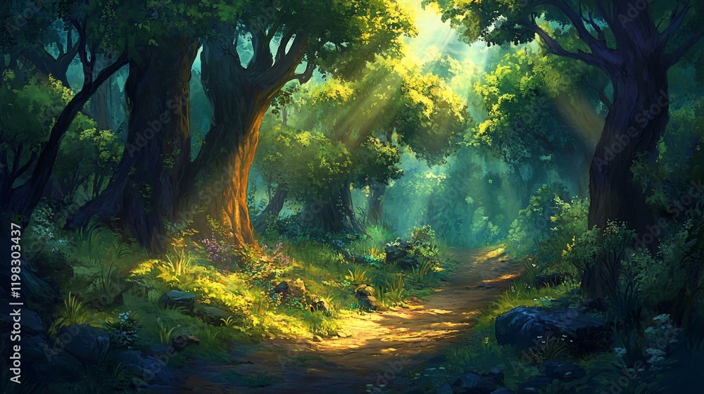 Sunlit path through a lush, green forest. Sunlit path through a lush, green forest.